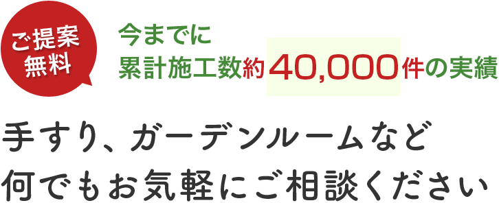 今までに累計施工数約36,000件の実績:手すり、ガーデンルームなど
何でもお気軽にご相談ください